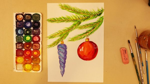 Еловая ветка с новогодними игрушками рисование
