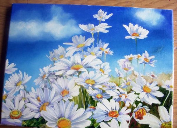 Ромашки акрилом на холсте мастер класс