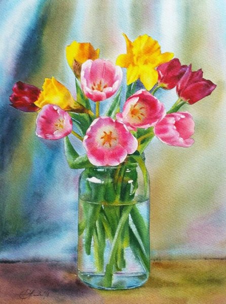 Цветы в вазе акварелью