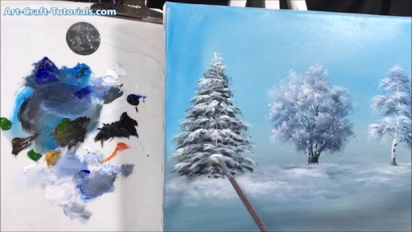 Рисуем елку в снегу красками