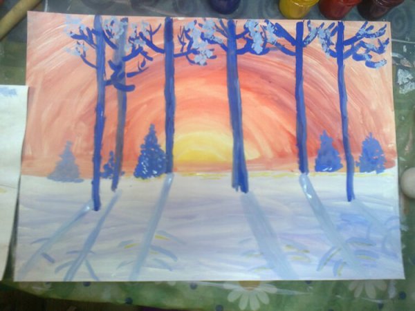 Зима гуашью для детей