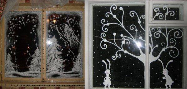 Новогодние рисунки на окнах гуашью