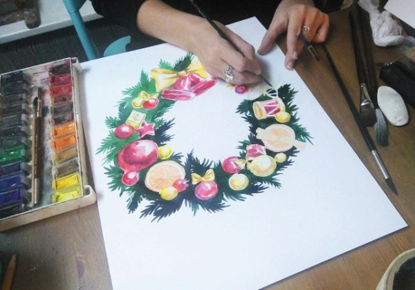 Новогодний венок гуашью