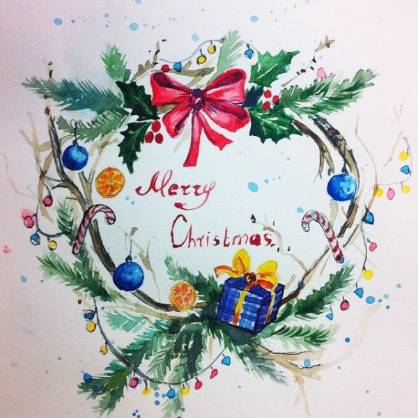 Рождественский венок акварель