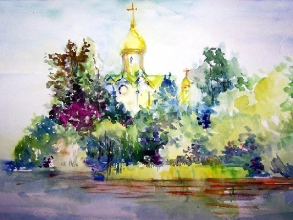 Трушникова пейзаж Церковь акварель