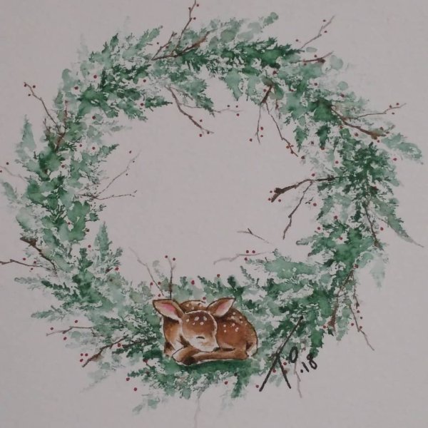 Рождественский венок акварель открытка