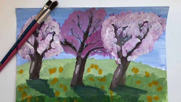 Цветущие сады рисунок гуашь