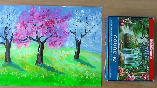 Пейзаж рисунок гуашью весенний дерево