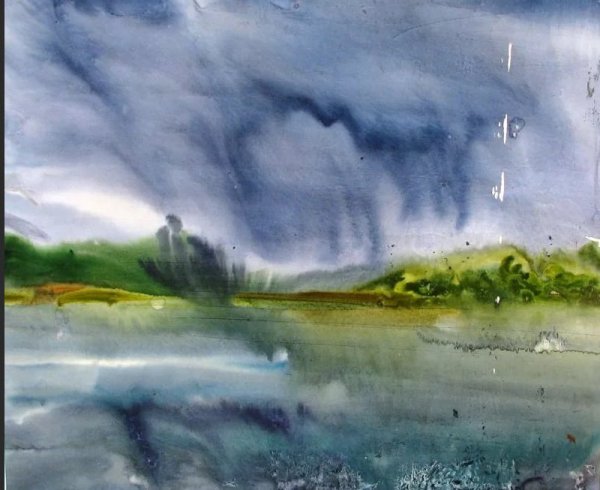 Дождливый пейзаж акварелью