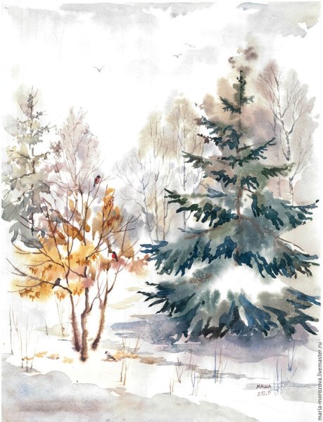 Зимний лес акварель