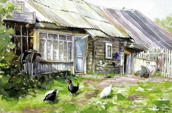 Этюд сельской улицы акварелью