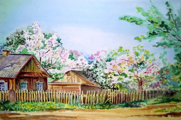 Деревенский пейзаж гуашью
