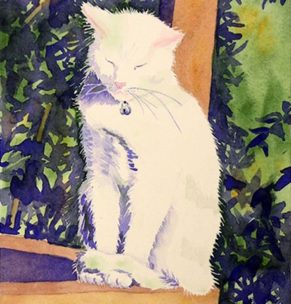 Белая кошка акварелью