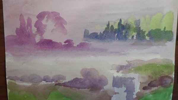 Пейзаж гуашью туман