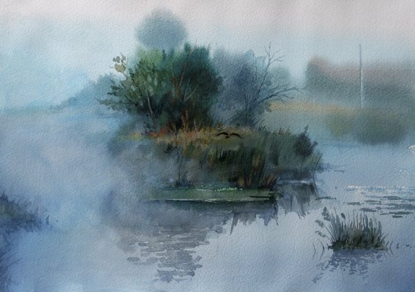 Туманный пейзаж акварелью