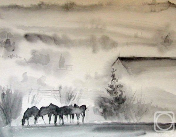 Туманный пейзаж акварелью