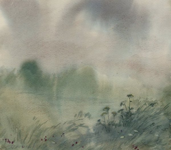 Горы в тумане акварель