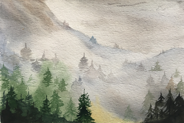 Акварельный пейзаж с рекой