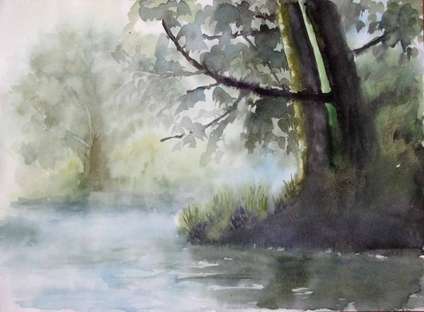 Утренний пейзаж акварелью