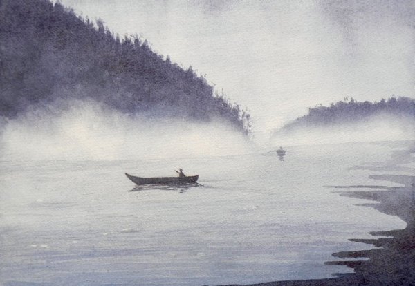 Лес в тумане акварель