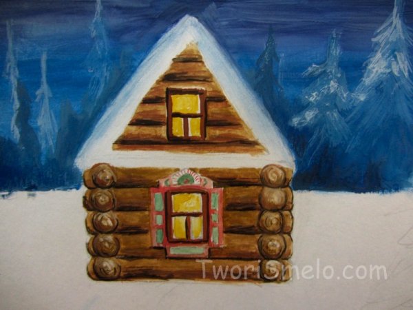 Рисование избы красками