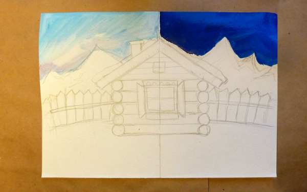 Изба рисунок красками