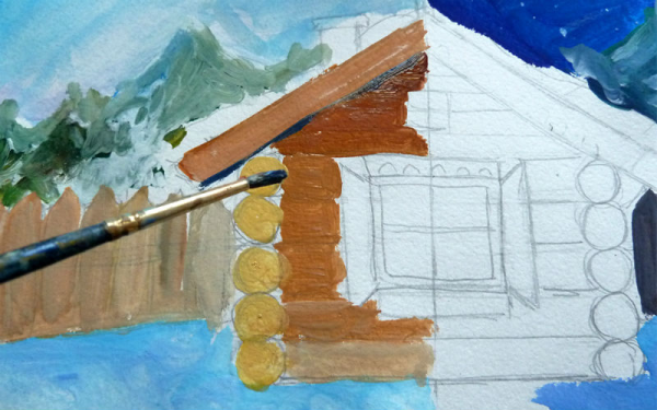 Бревенчатый дом красками для детей