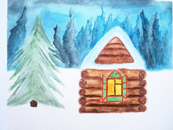 Зимний домик рисование