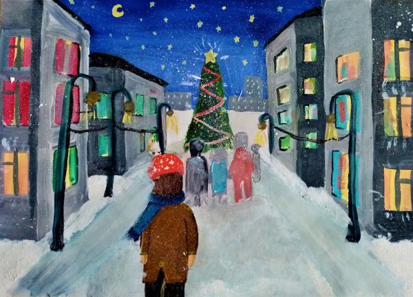 Зимний город гуашью