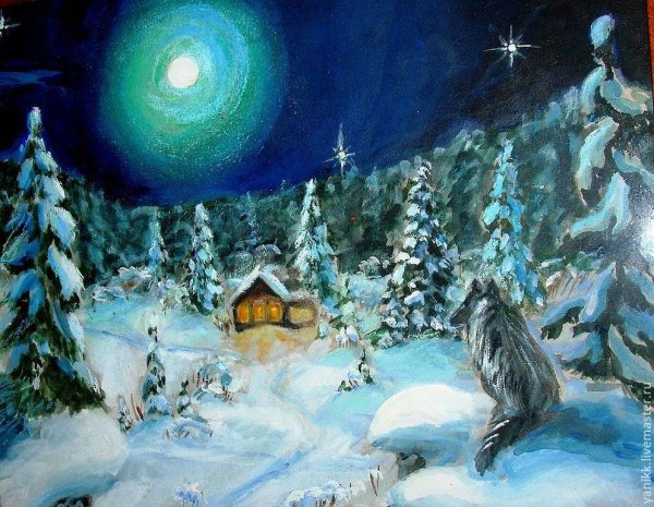 Зимняя ночь гуашью