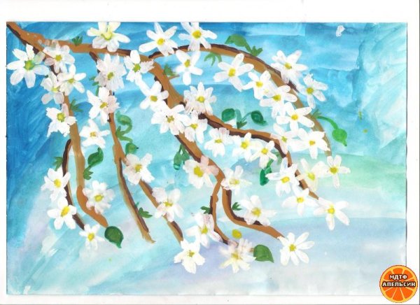 Цветущая ветка гуашь