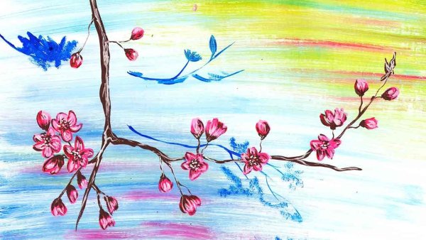 Нарисованная красками Весенняя ветка