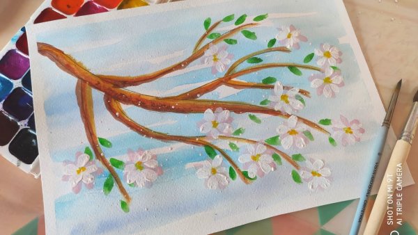 Рисуем с детьми гуашью ветку яблоневого цвета