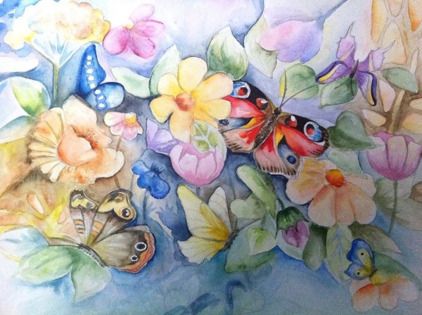 Акварельные цветы с бабочками