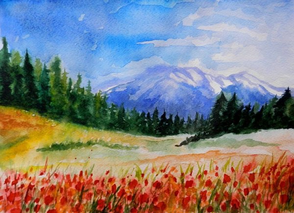 Правополушарное рисование горный пейзаж гуашью