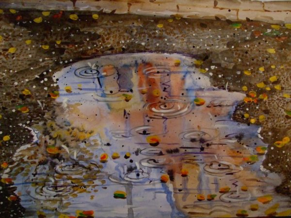 Отражение в луже акварелью