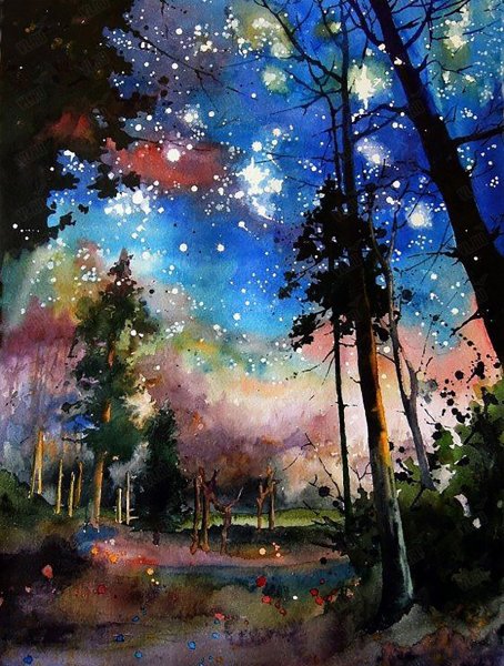 Ночной пейзаж акварелью