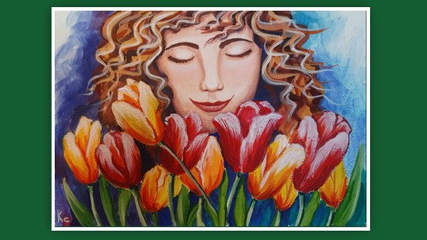 Портрет мамы с букетом цветов