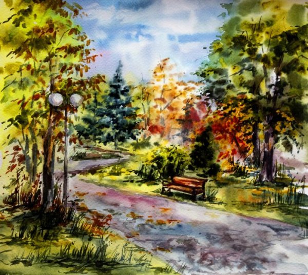 Осенний пейзаж парка акварелью