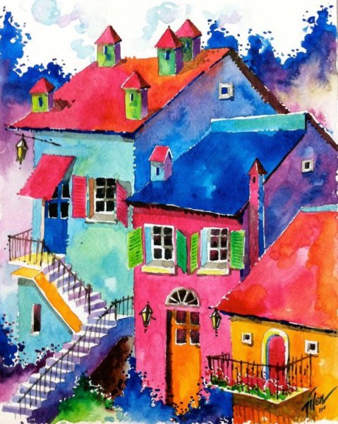 Цветные Акварельные домики