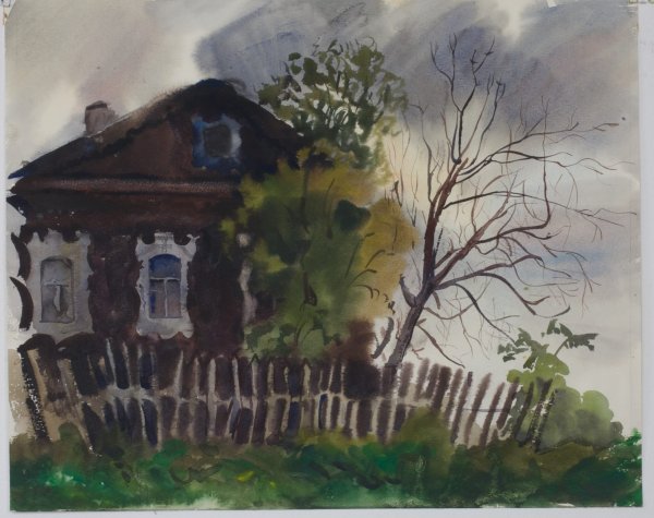 Деревянный дом гуашью