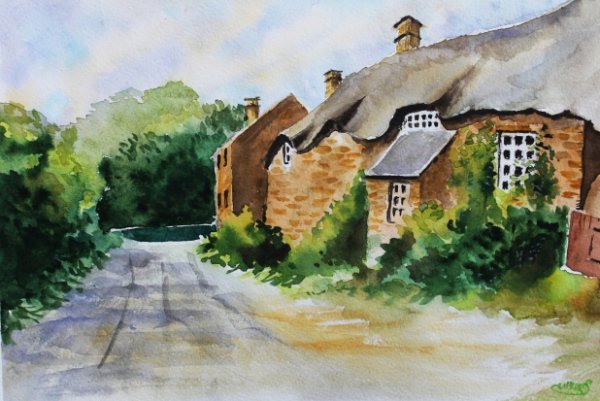 Пейзаж с домом акварелью