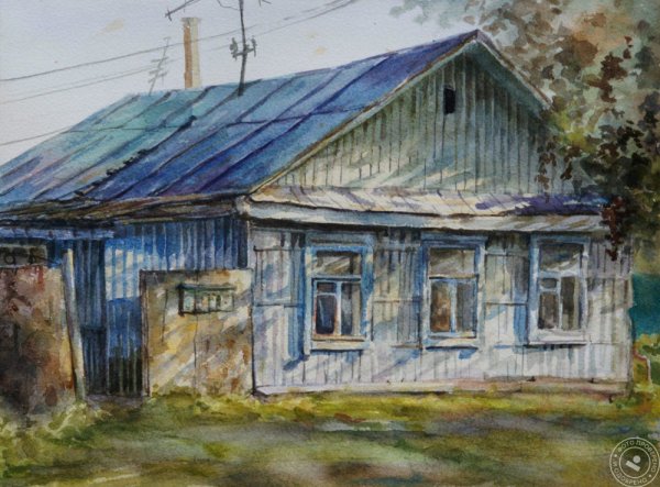 Деревенский домик акварелью