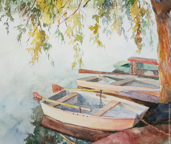 Рисование пейзажи с лодкой