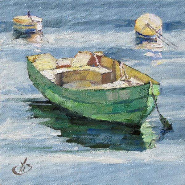 На лодке на реке гуашью рисунок