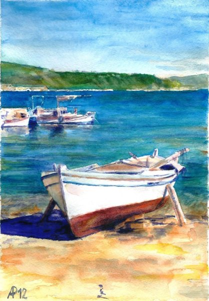 Рисунки рыболовных судов акварелью