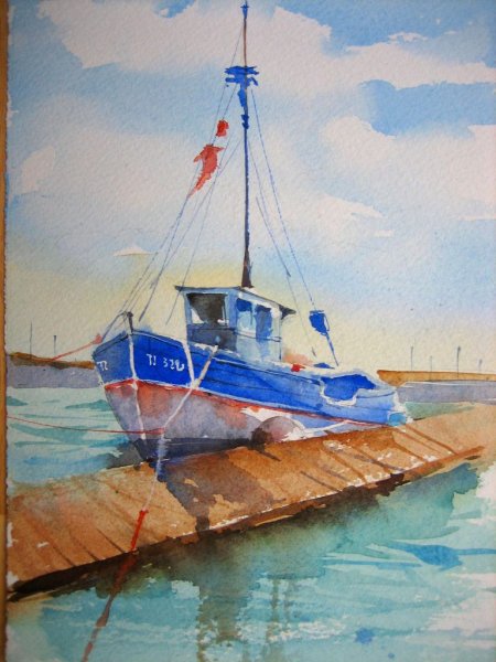 Пейзажи с лодками и людьми акварель