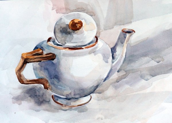 Натюрморт акварелью с белым чайником
