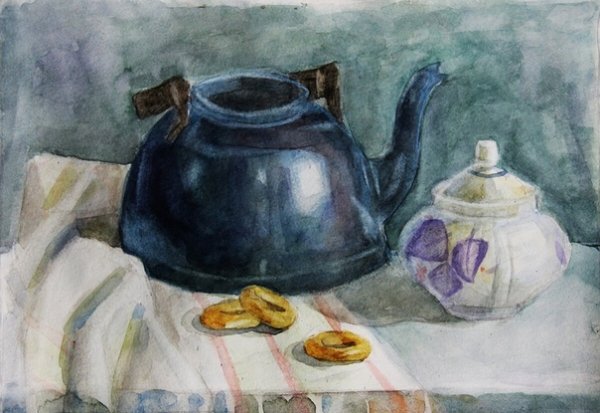 Натюрморт с чайником акварель
