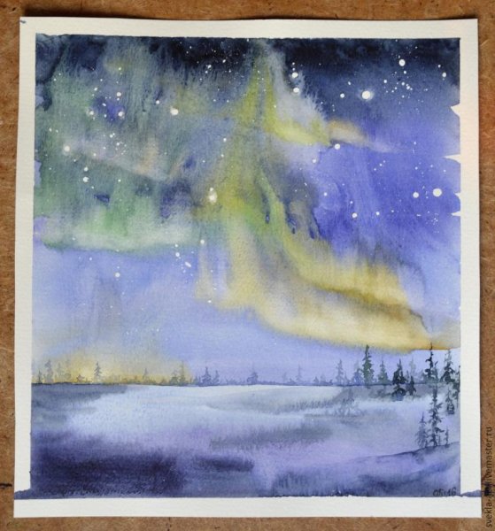 Северное сияние акварельными красками